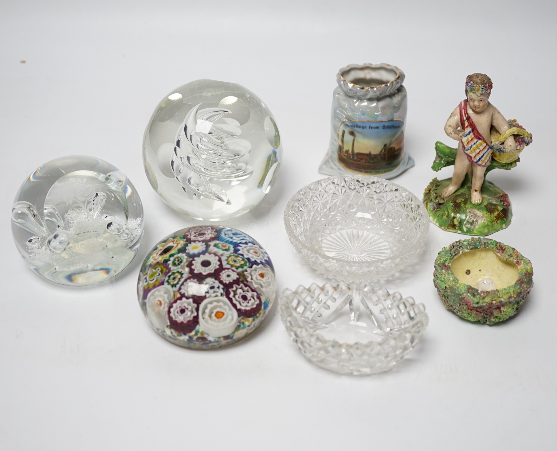 Mixed glass, scent bottles, paperweights, Staffordshire figure etc. (17 items)